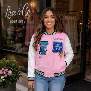 First Row Pink Varsity Bomber Jacket Chenille Patch Graphic Letterman Womens 4XL